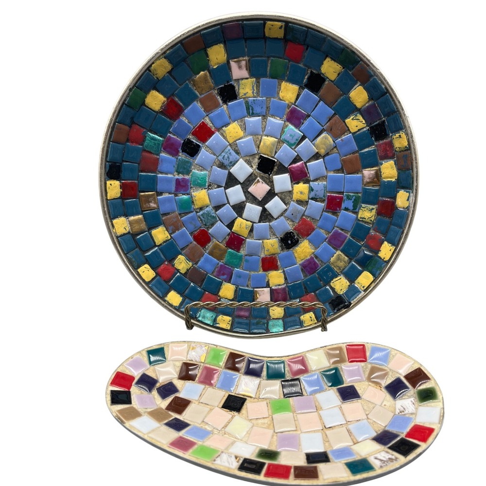 Set of 2 Vtg 1960s Mid Century Mosaic Trinket dish & Plate with Aluminum Bottoms